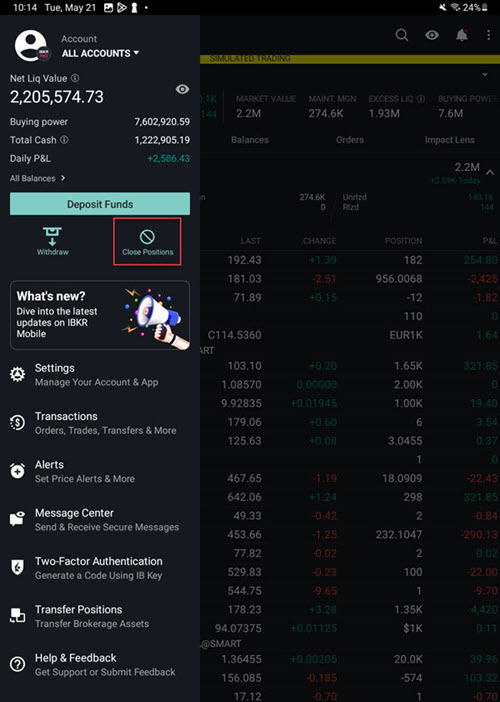 The close positions button on the Android Tablet